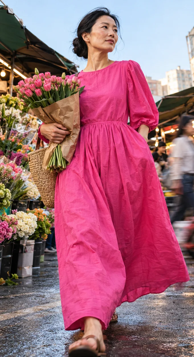 Gathered-waist maxis: full-length dresses that need only small changes for modest customers.