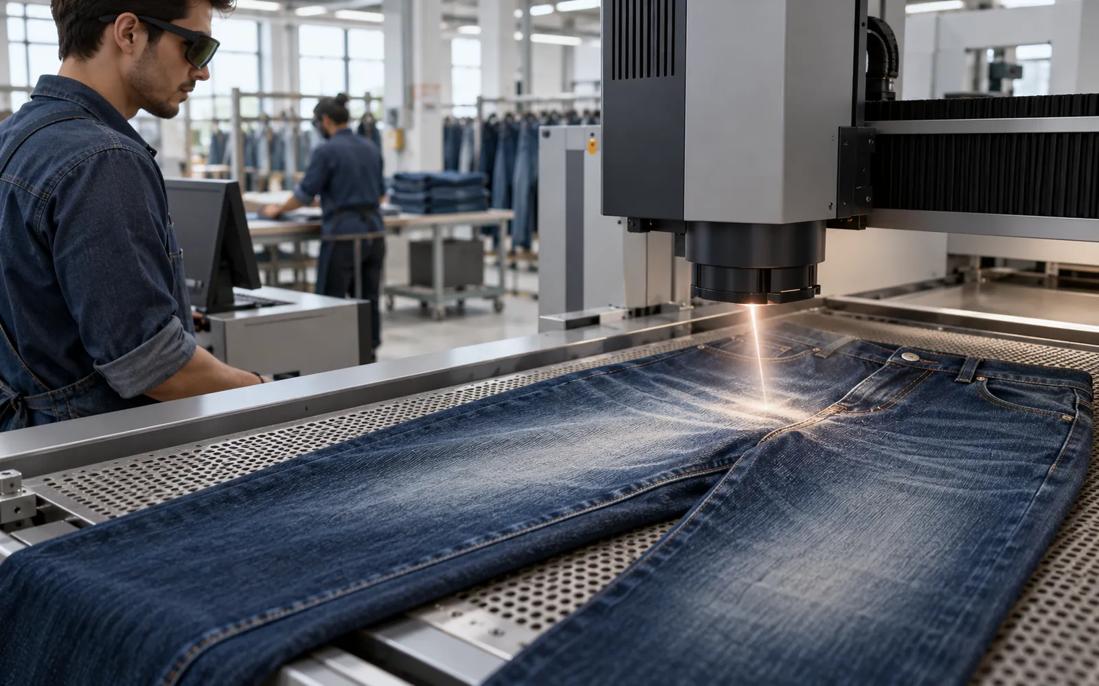 Waterless denim finishing