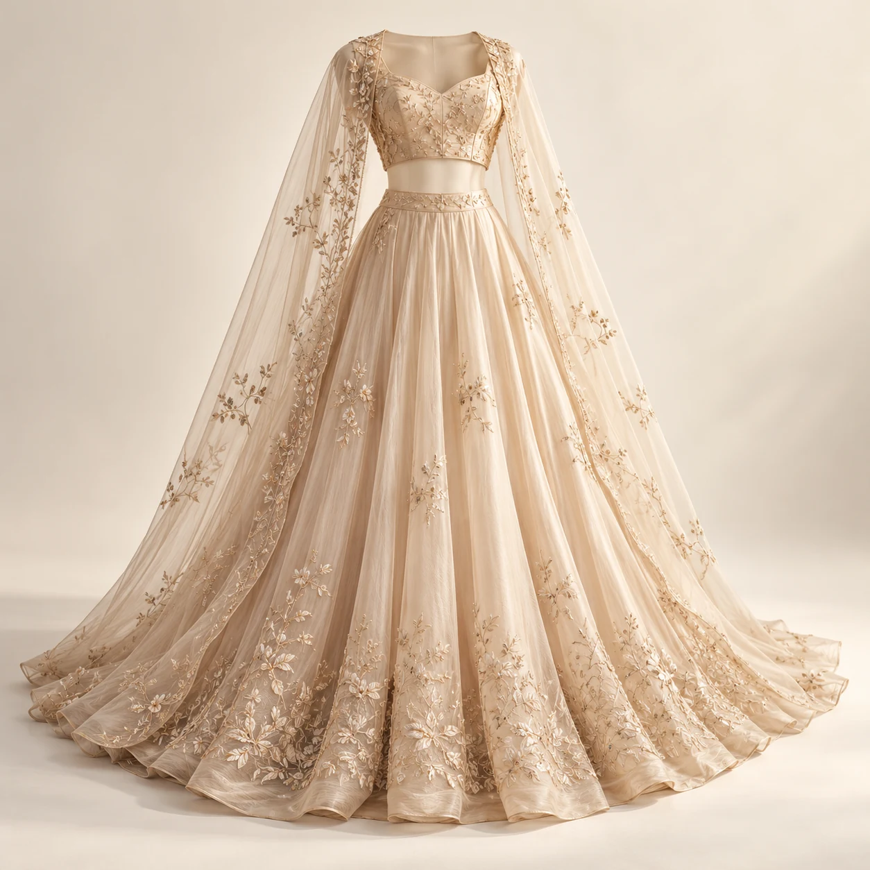 Light champagne cape lehenga — New AI-generated Forecut concept