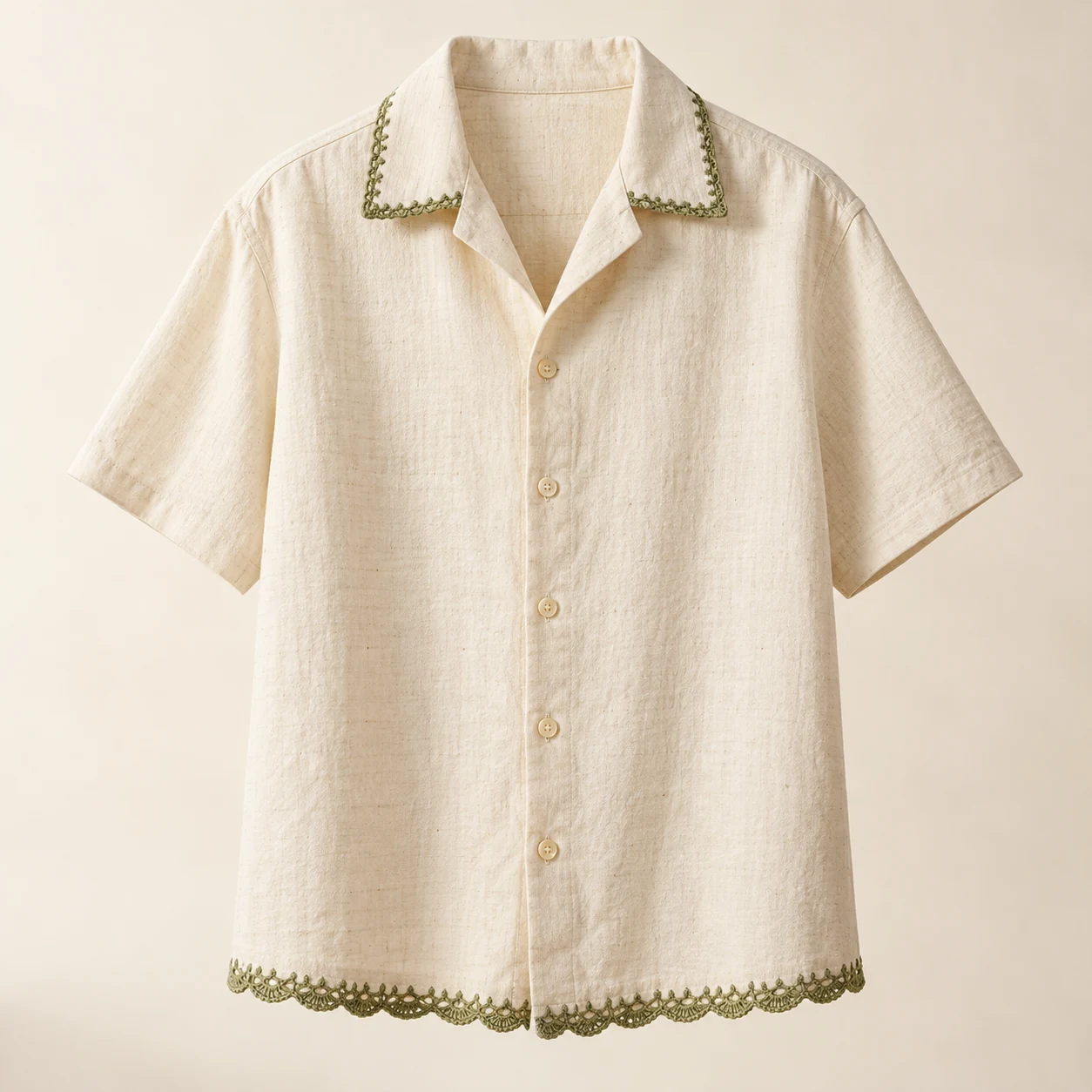 Restrained crochet-edge cotton shirt — New AI-generated Forecut concept