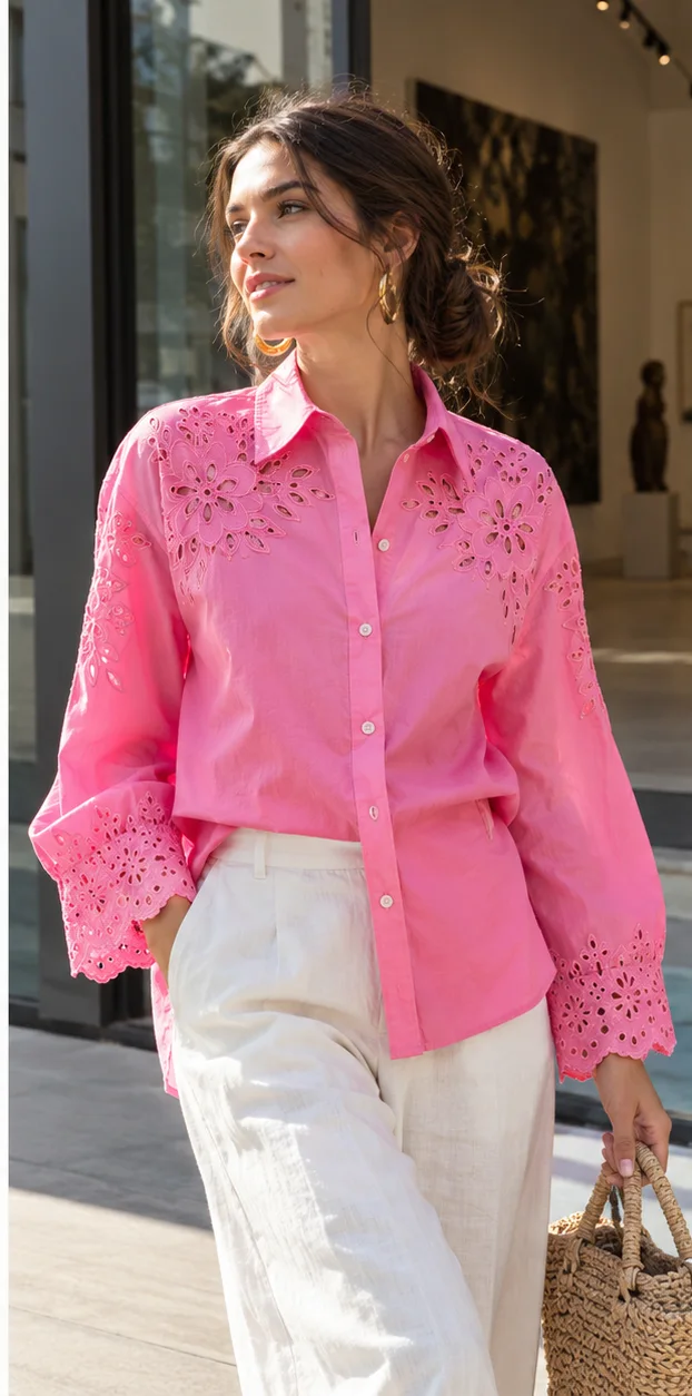 Lace-embroidered poplin shirts