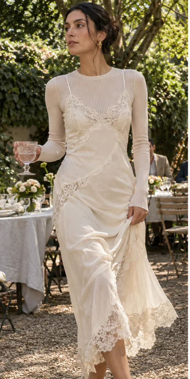 Lace-trimmed slips over knits