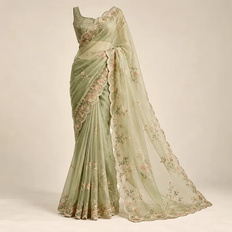 Organza sarees with scalloped borders
