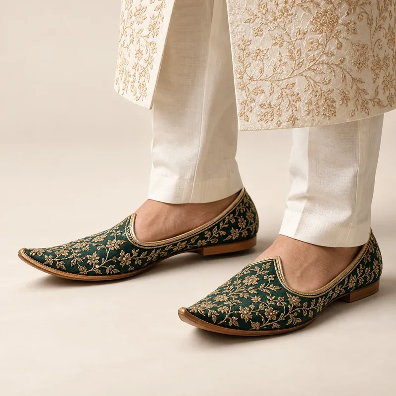 Pointed juttis with bandhgalas: the classic finish.