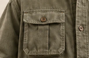 Bellows flap pocket on an olive utility shirt