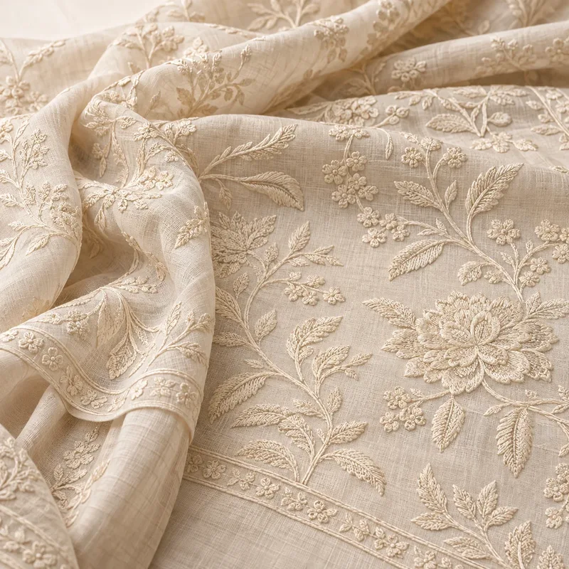 Tone-on-tone embroidery replaces contrast work.