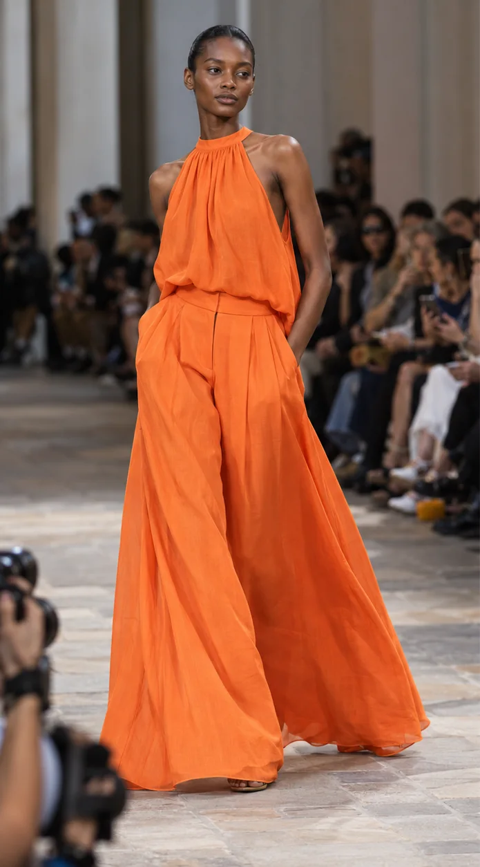 Wide-leg palazzo trousers: very wide, fluid legs, rising in SS27.